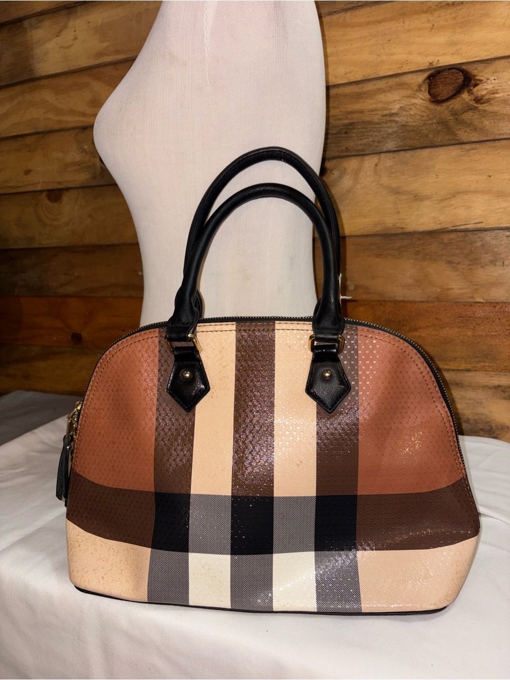 Women’s Striped Dome Satchel Handbag in Brown and Black
